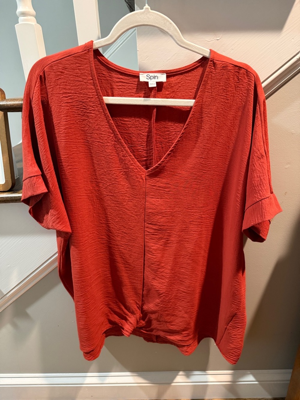 Spin Rust Red V-Neck Short Sleeve Knot Hem Blouse
